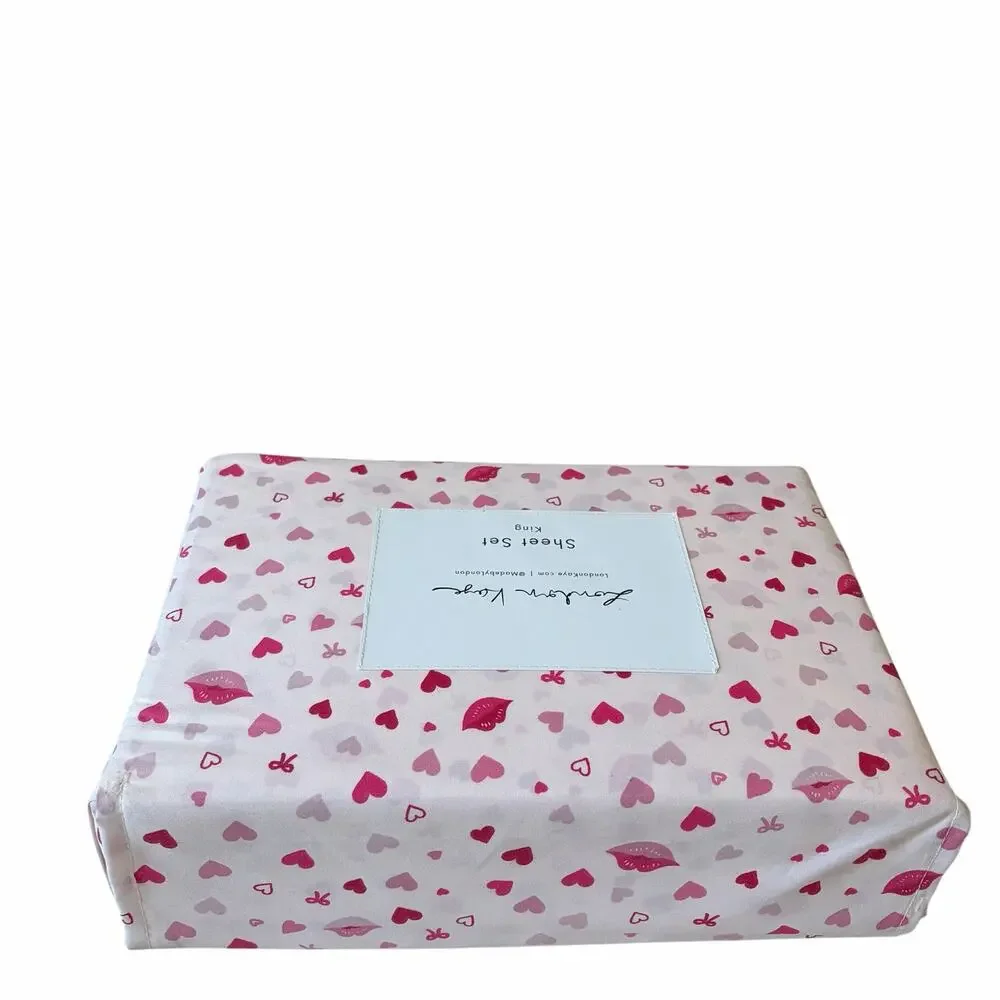 London Kaye Valentines Day KING Sheet Set 4pc Pink & Red Lips Hearts Bows XO NEW